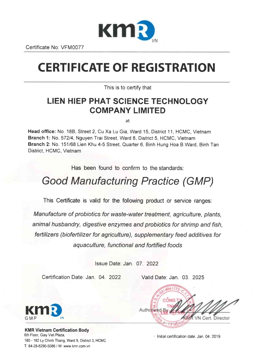 Chứng Nhận Thực Hành Sản Xuất Tốt (GMP) Certificate